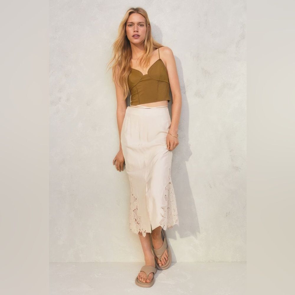 H&M Cream Lace-Trim Midi Skirt